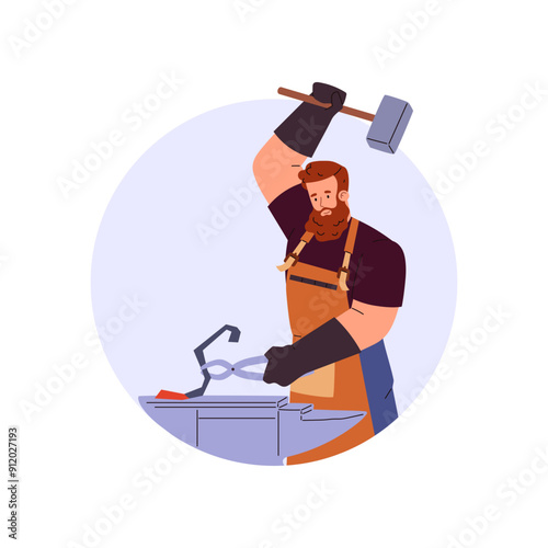 Blacksmith man strikes iron piece on the anvil with big hammer, vector professional farrier hard working in round frame