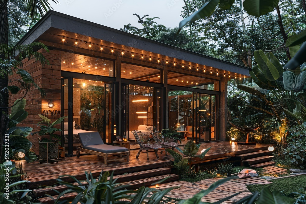 Rohing inkas outdoor deck with plants and loungers, string lights above the fence wall, night time setting, architectural photography. Rohing inkas outdoor deck with plants and loungers, string lights above the fence wall, night time setting, architectural photography.