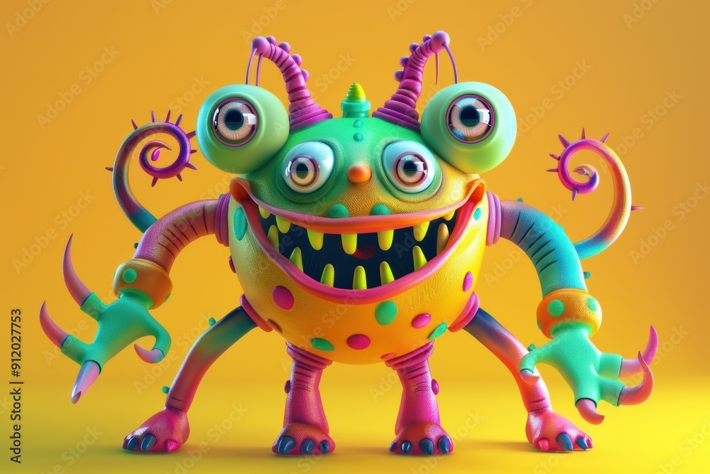 Quirky 3D monster character with a hybrid design of organic and mechanical elements, featuring bold colors, multiple eyes or limbs, and a mischievous grin. Quirky 3D monster character with a hybrid design of organic and mechanical elements, featuring bold colors, multiple eyes or limbs, and a mischievous grin.