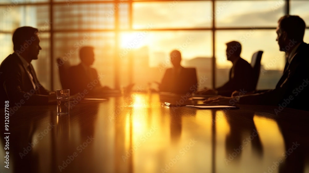 Silhouettes of Businesspeople in a Meeting with a Sunset View Silhouettes of Businesspeople in a Meeting with a Sunset View