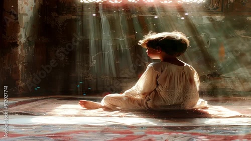 A small child prays in a mosque by getting guidance from the wall ventilation, a small Muslim child sits quietly with the help of lighting ventilation.