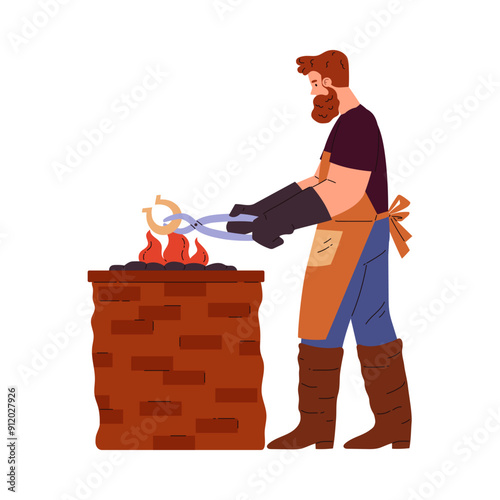 Blacksmith wearing leather apron and gloves heating horseshoe in fire using tongs, vector cartoon farrier worker smith