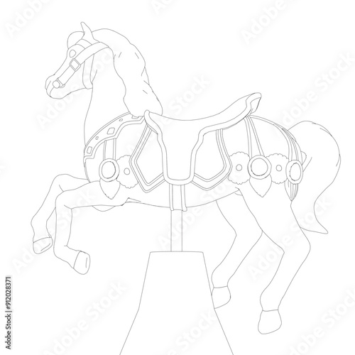 Black and White Drawing vector illustration of a carousel horse in a white background For assembly Or create teaching material for mothers who do