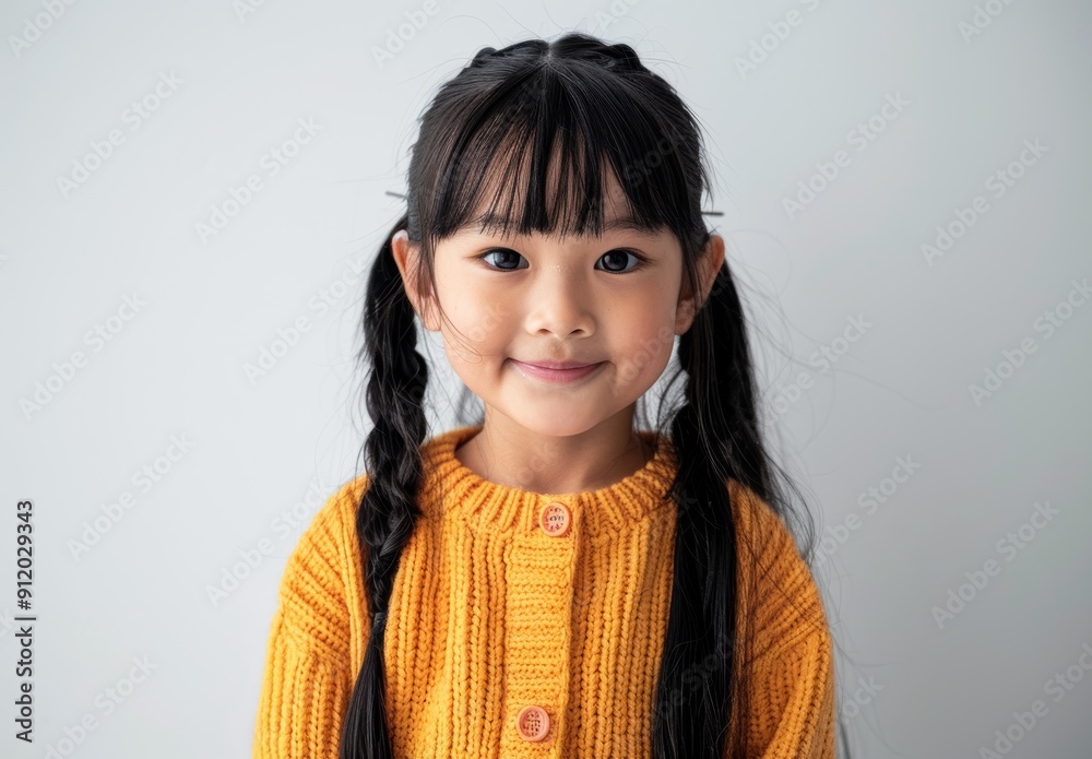 A smiling young girl with long braids and a yellow sweater stands against a plain background. Her bright eyes and happy expression convey a sense of joy and charm. A smiling young girl with long braids and a yellow sweater stands against a plain background. Her bright eyes and happy expression convey a sense of joy and charm.