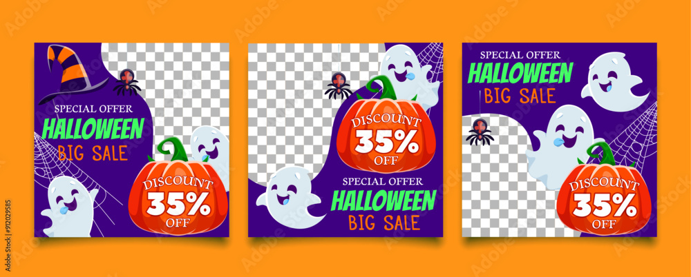 Fototapeta Halloween holiday sale banner templates with kawaii ghosts and pumpkins in cobweb. Vector backgrounds featuring spooks, bewitching discount offers, bold, eerie text screams savings and spooky fun