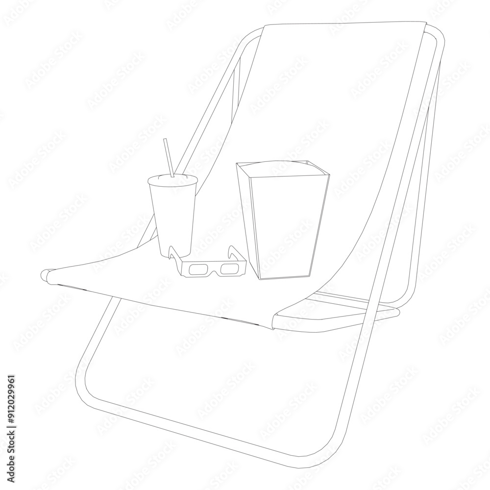 Obraz premium Outline of a folding beach chair with a package of popcorn, a glass of soda and cinema glasses. Vector illustration.