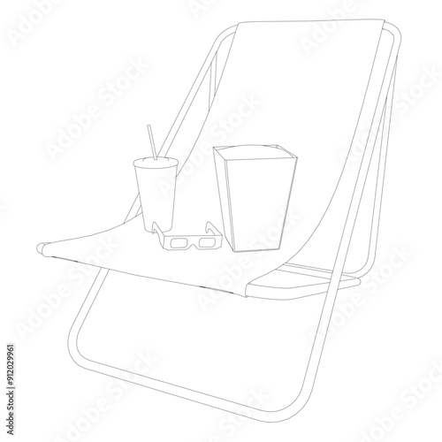 Outline of a folding beach chair with a package of popcorn, a glass of soda and cinema glasses. Vector illustration.