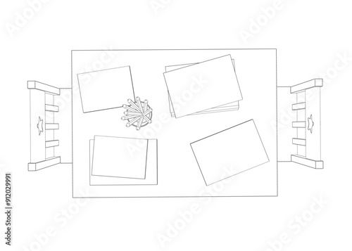 Outline of a rectangular table with two chairs made of black lines isolated on a white background. Books and pencils lie on the table. Children's place. Vector illustration.