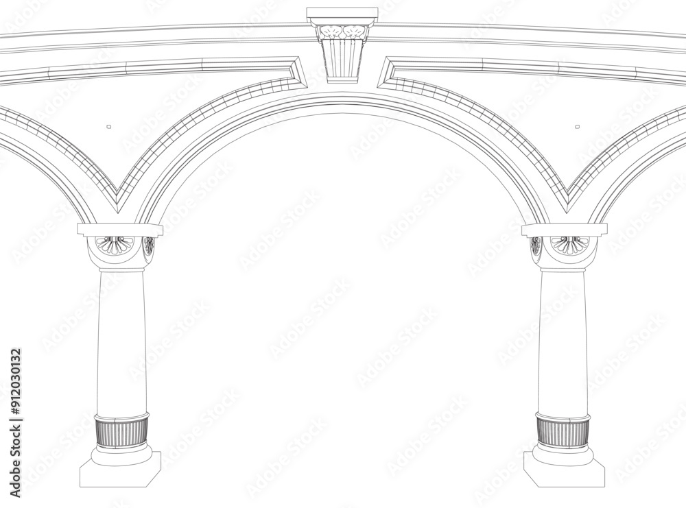 Obraz premium Contouring coloring of classical arch. Classic antique portal with columns in vector graphics. Column arch pillar frame roman greek antique line art. Vector illustration.