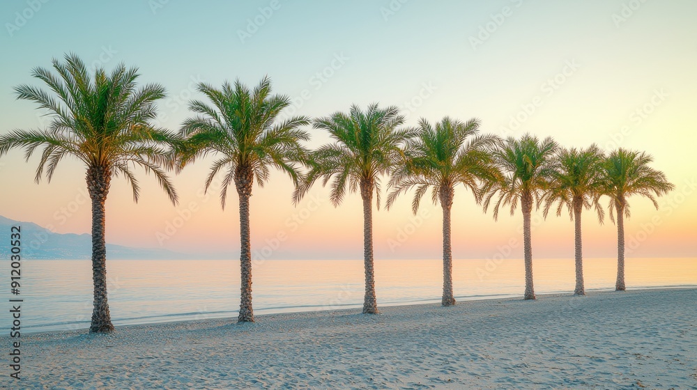 A row of palm trees are lined up on a beach near the ocean A row of palm trees are lined up on a beach near the ocean