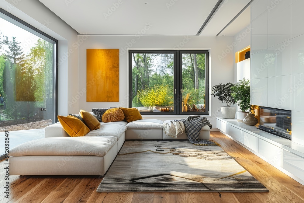 Scandinavian living room with sofa, rug, wooden floor, white walls, large window with nature view, yellow wall art beside an empty fireplace, and minimalistic decor. Scandinavian living room with sofa, rug, wooden floor, white walls, large window with nature view, yellow wall art beside an empty fireplace, and minimalistic decor.