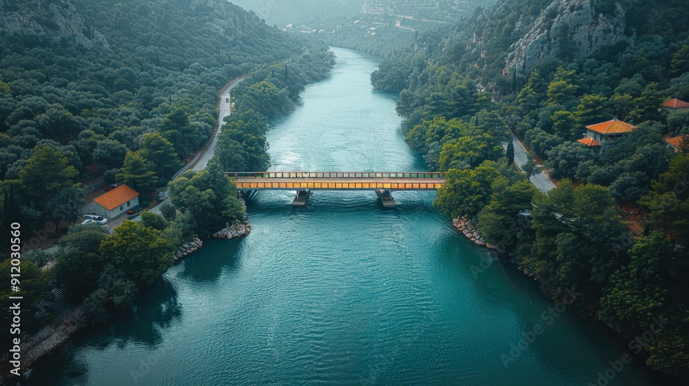 Fototapeta premium Aerial View of Bridge Over River in a Lush Green Valley
