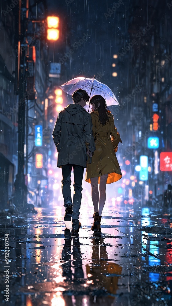 Obraz premium anime couple in raincoat cartoon manga art illustration design background 3