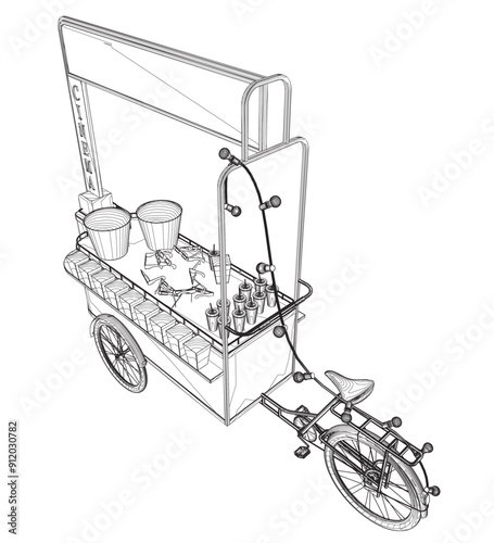 Popcorn maker vector illustration. Vintage kiosk in amusement park. Street food. Tricycle movie theater food. Isometric view. 3D