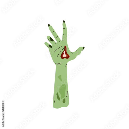 Vector illustration of a green hand with long zombie nails with bloody wound