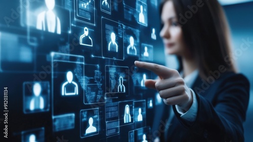 Woman Interacting with Digital Interface Displaying Human Silhouettes