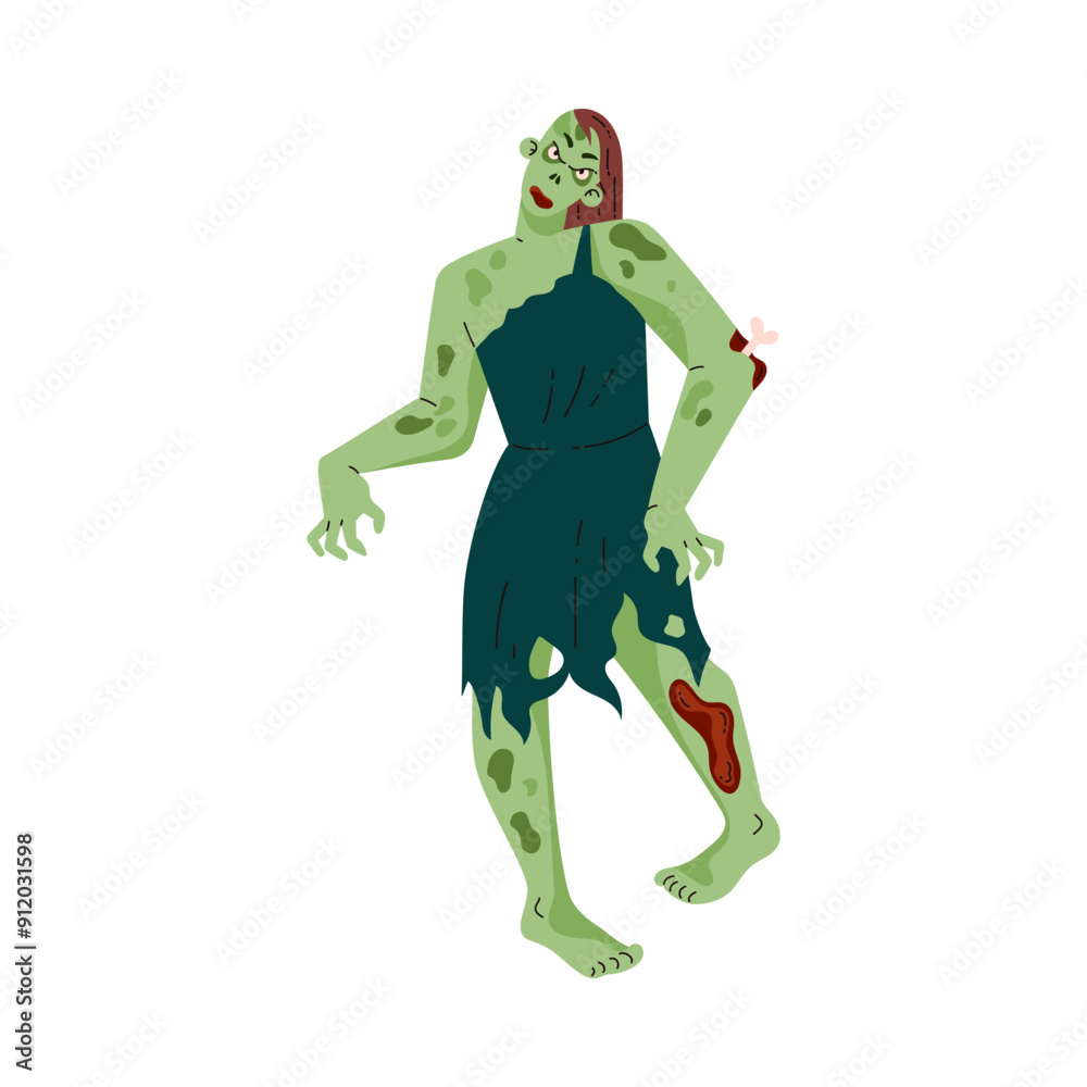 Creepy zombie woman corpse, vector flat rotting cadaver, walking dead, cartoon dead human body Halloween monster Creepy zombie woman corpse, vector flat rotting cadaver, walking dead, cartoon dead human body Halloween monster