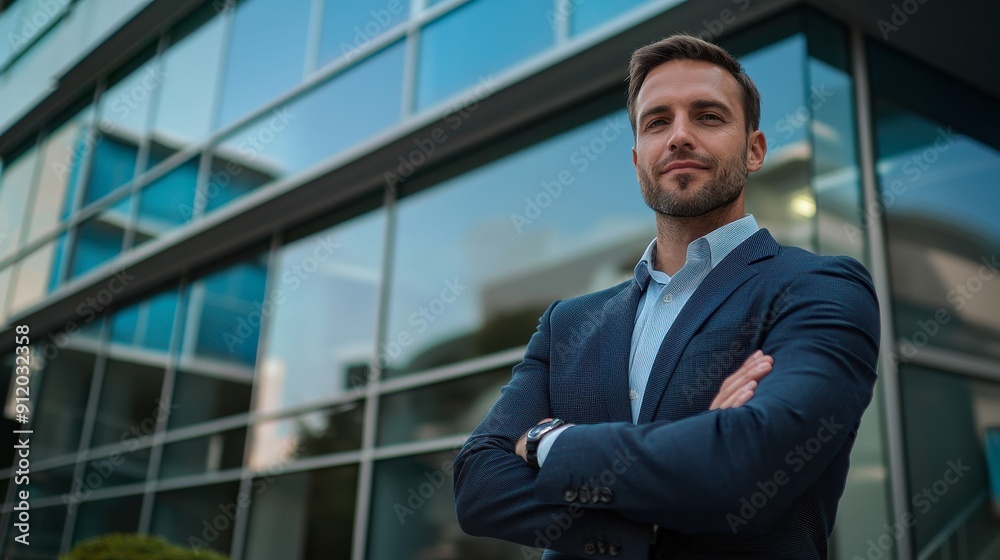 A man in a suit stands in front of a building with his arms crossed A man in a suit stands in front of a building with his arms crossed