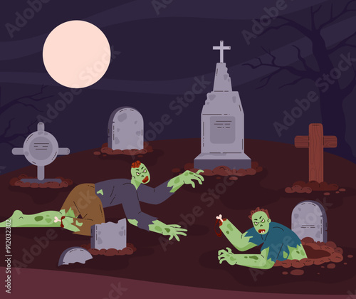 Resurrection of zombies in the cemetery flat vector, Halloween horror graveyard with corpse, walking dead, full moon
