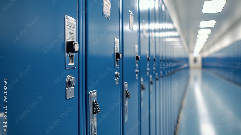 A row of blue lockers with a blue door A row of blue lockers with a blue door