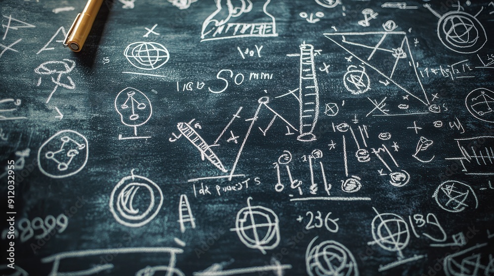A blackboard with a lot of math equations and drawings A blackboard with a lot of math equations and drawings