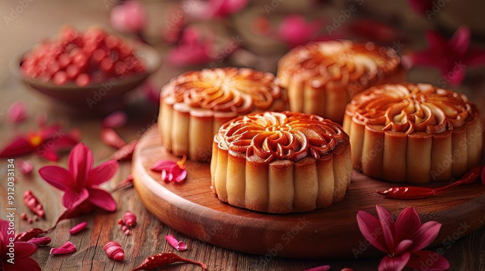 Moon cakes at mid autumn festival. Background food and drink tea and Mooncakes Moon cakes at mid autumn festival. Background food and drink tea and Mooncakes