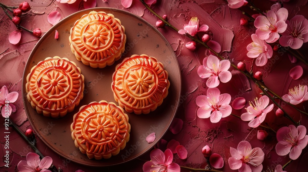 Moon cakes at mid autumn festival. Background food and drink tea and Mooncakes Moon cakes at mid autumn festival. Background food and drink tea and Mooncakes