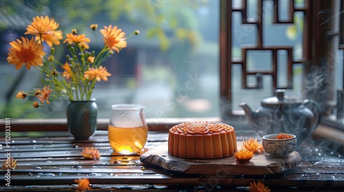 Moon cakes at mid autumn festival. Background food and drink tea and Mooncakes