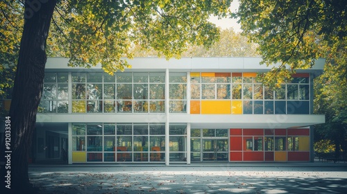 A large building with a lot of windows and a tree in front of it
