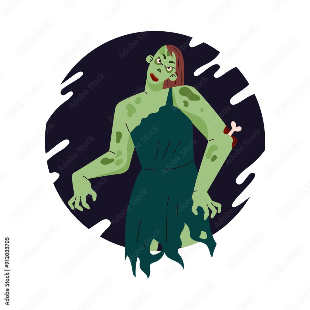 Creepy zombie woman corpse, vector flat rotting cadaver, walking dead, cartoon Halloween monster in black round frame Creepy zombie woman corpse, vector flat rotting cadaver, walking dead, cartoon Halloween monster in black round frame