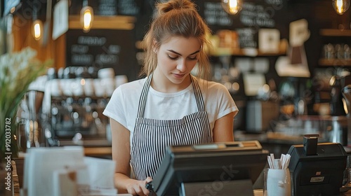 At the cash register, female employees, managers, waiters, baristas, and administrators are verifying bills.