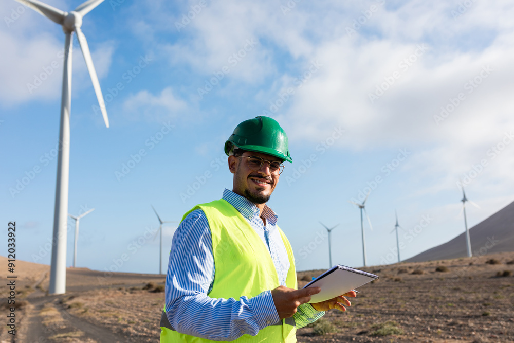 Portrait of a wind farm worker, dressed in safety clothing Portrait of a wind farm worker, dressed in safety clothing