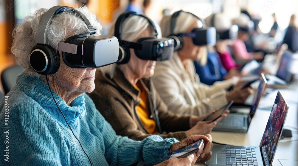 A group of elderly individuals attentively following a technology class, each equipped with laptops, smartphones, tablets, and VR headsets, all engaged in learning new digital skills in a modern A group of elderly individuals attentively following a technology class, each equipped with laptops, smartphones, tablets, and VR headsets, all engaged in learning new digital skills in a modern