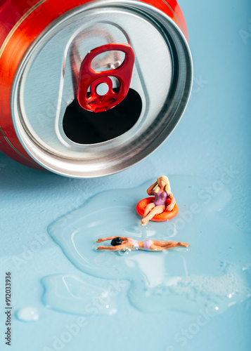 Miniature swimmers in a puddle of liquid spilled from a can