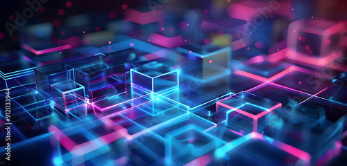 Abstract background with neon glowing digital blocks forming an illuminated maze, symbolizing the complexity of data and technology in business or science.