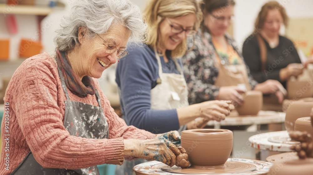Middle-aged adults participating in a pottery class, shaping clay on spinning wheels, their hands messy with clay, and their expressions reflecting focus and enjoyment Middle-aged adults participating in a pottery class, shaping clay on spinning wheels, their hands messy with clay, and their expressions reflecting focus and enjoyment