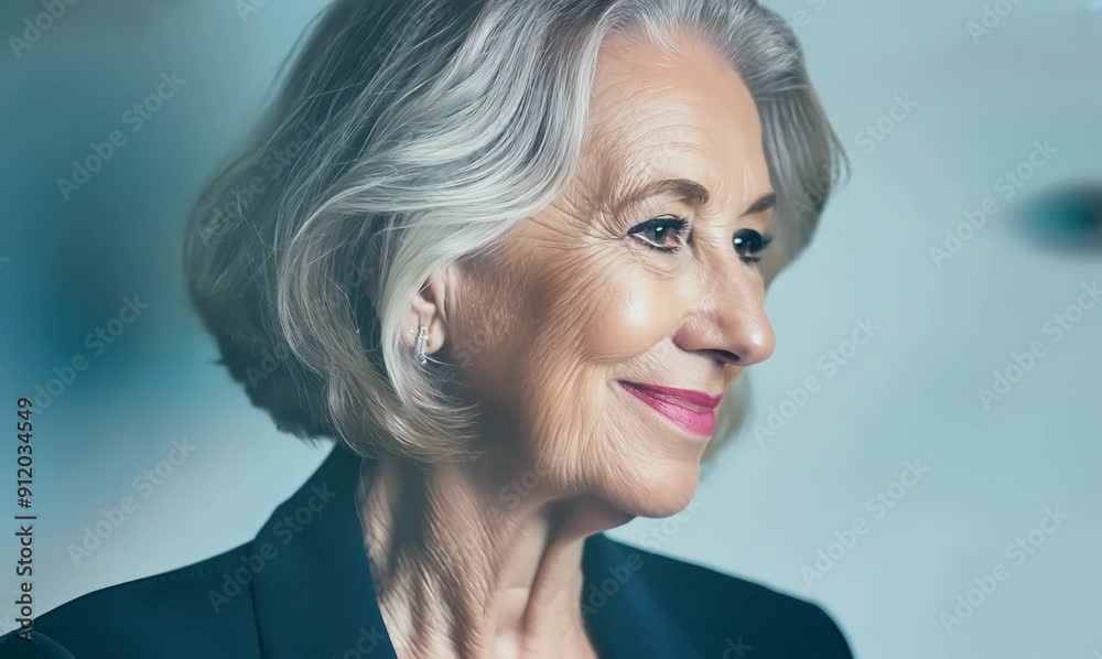 Medium shot portrait video of a Swedish woman in her 50s wearing a classic blazer against an abstract background