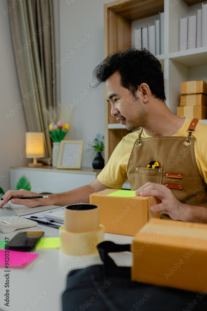 An entrepreneur is working in a warehouse preparing packages for delivery drivers to pick up and deliver to customers, parcel, product, package, startup business, merchandise An entrepreneur is working in a warehouse preparing packages for delivery drivers to pick up and deliver to customers, parcel, product, package, startup business, merchandise