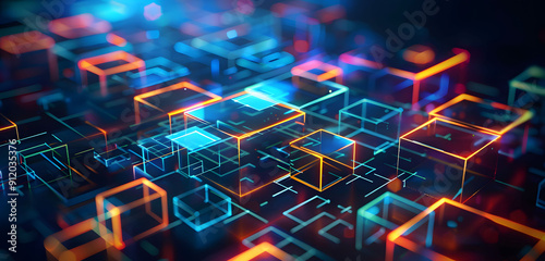 Abstract background with neon glowing digital blocks forming an illuminated maze, symbolizing the complexity of data and technology in business or science.