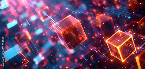 Abstract background with neon glowing digital blocks forming an illuminated maze, symbolizing the complexity of data and technology in business or science.