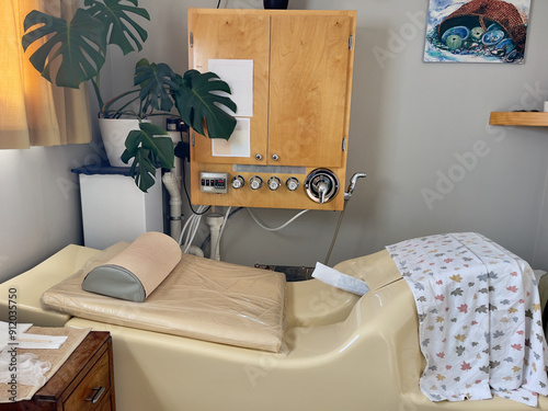 Colonic hydrotherapy room fitted out with specialised irrigation equipment 