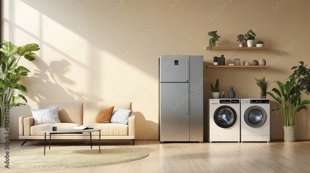 Stylish Beige Living Room Featuring a Prominent Shelf with Advanced Refrigerator, Modern Washing Machine, and Home Gadgets Stylish Beige Living Room Featuring a Prominent Shelf with Advanced Refrigerator, Modern Washing Machine, and Home Gadgets