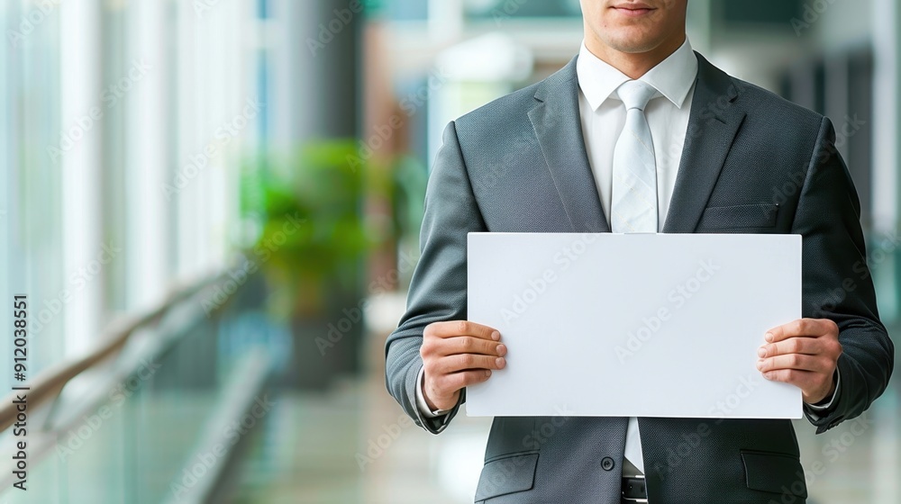 Businessman in a suit holding a blank sheet of paper in an office hallway, ready for your text or design, concept for message or announcement. Businessman in a suit holding a blank sheet of paper in an office hallway, ready for your text or design, concept for message or announcement.