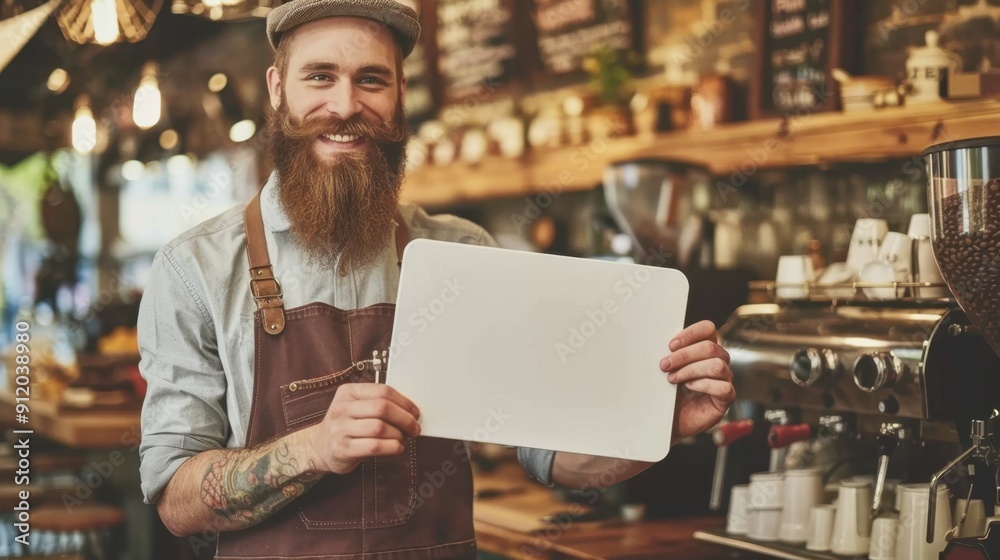 Fototapeta premium Smiling barista holding a blank sign in a cozy coffee shop, ready for custom message or menu, warm welcoming atmosphere.