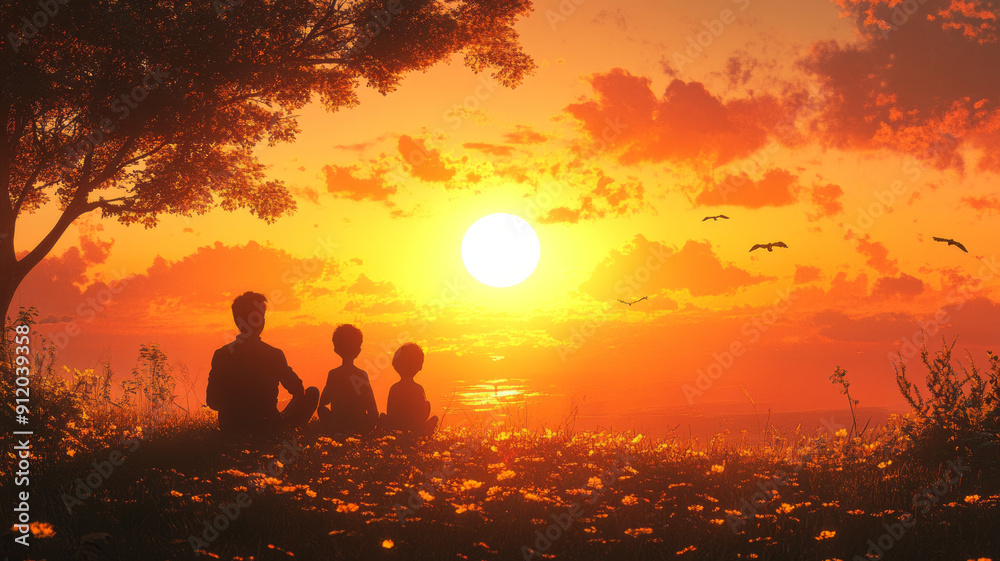 lovely detailed render, a family is watching a beautiful sunrise, warm colours, childrens book illustration.generative ai