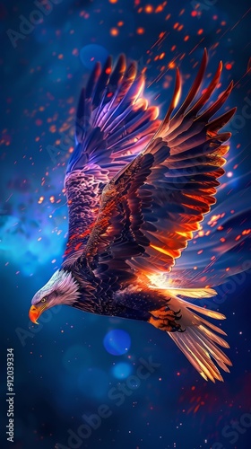 The majestic eagle, its wings spread wide against the backdrop of an enchanting night sky.