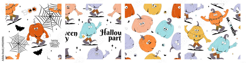 Colorful seamless pattern on Happy Halloween theme. Retro groovy character pumpkins with creepy and skary face. Contemporary vector set on white background. Colorful seamless pattern on Happy Halloween theme. Retro groovy character pumpkins with creepy and skary face. Contemporary vector set on white background.
