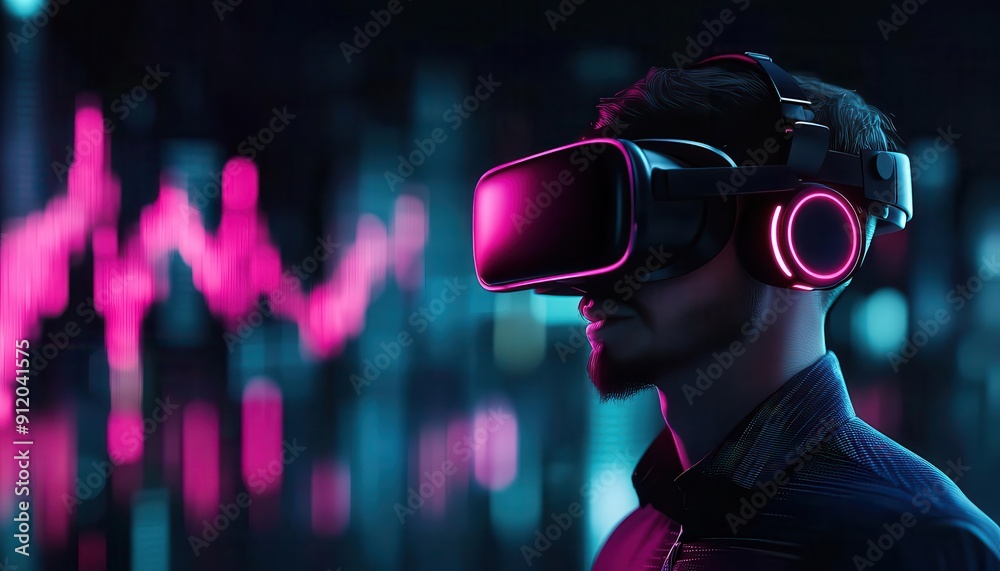 A young man immersed in virtual reality, wearing a VR headset and headphones amidst vibrant neon lights and digital visuals. A young man immersed in virtual reality, wearing a VR headset and headphones amidst vibrant neon lights and digital visuals.