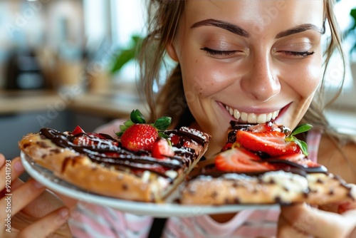 A woman indulging in a slice of dessert pizza topped with Nutella and strawberries, her face filled with blissful delight as she enjoys the sweet and savory combination