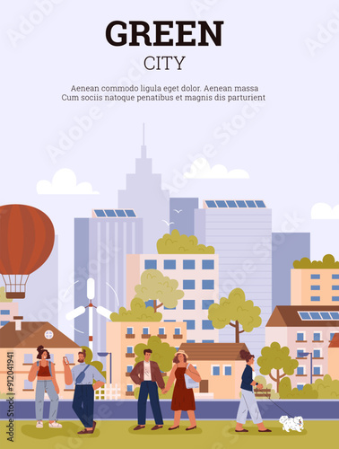 Vector illustration of a city park with a wind farm in an ecologically clean city